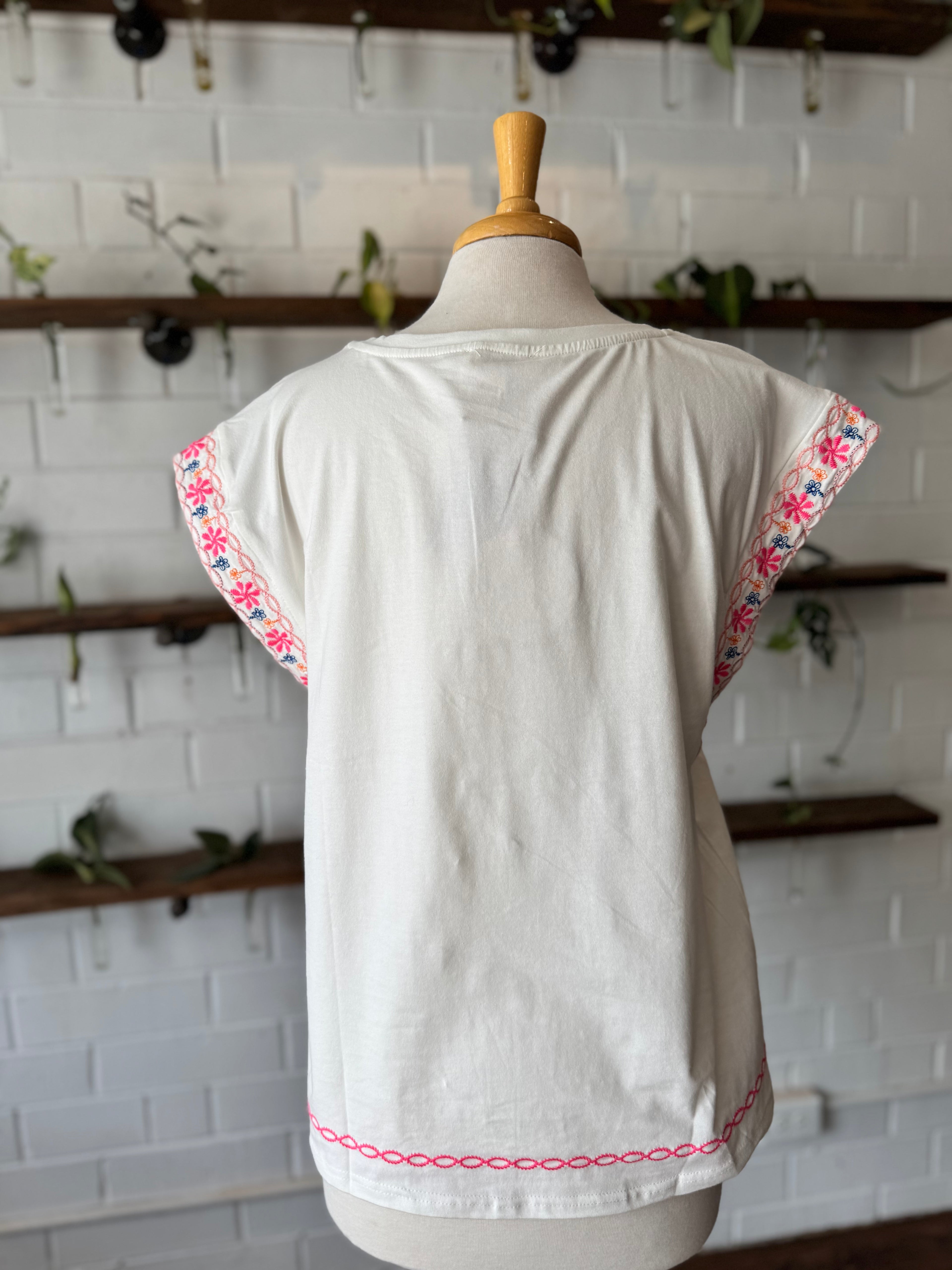 Embroidered Cap Sleeve Top