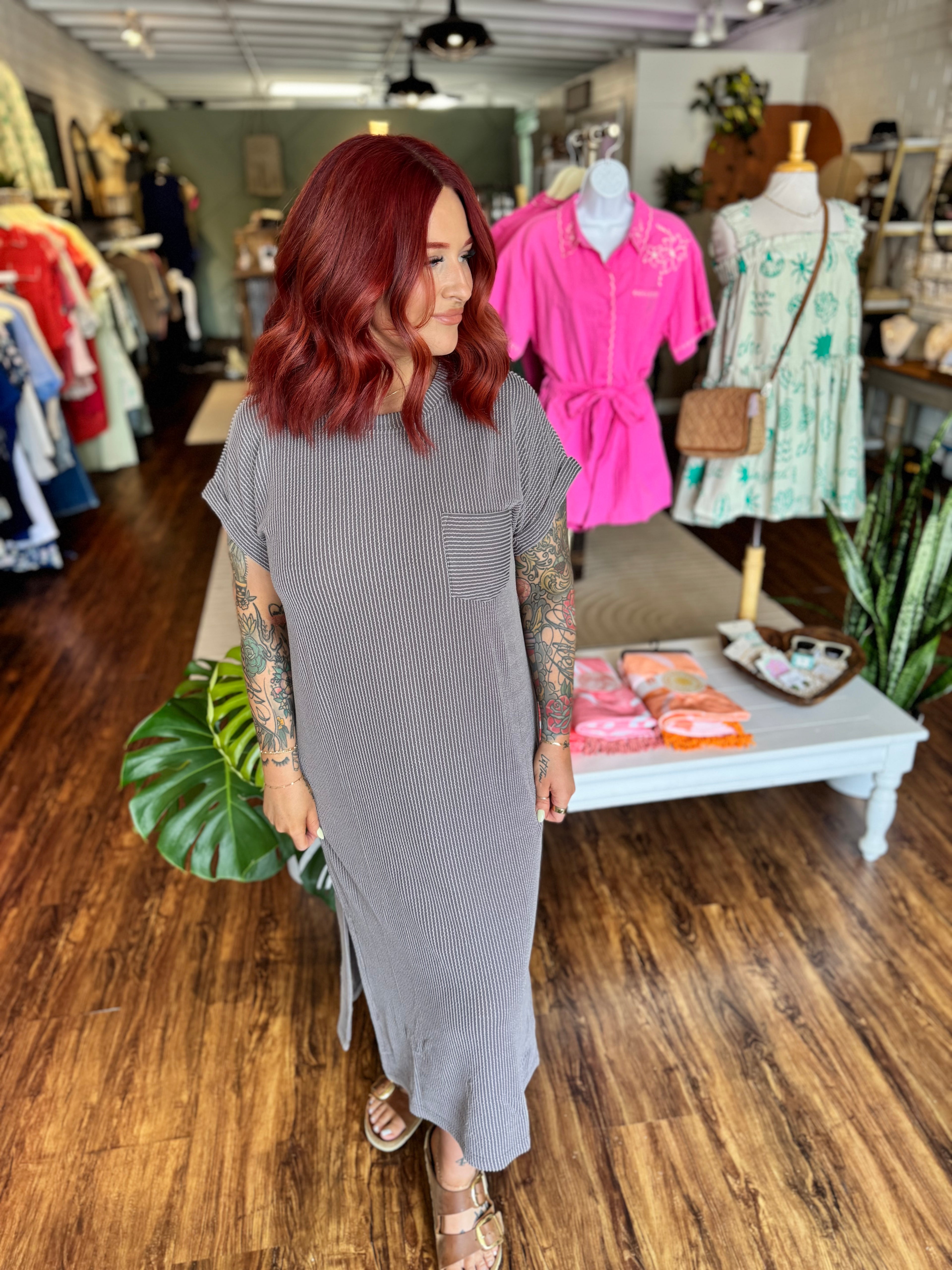 Textured Knit Midi Dress - Charcoal