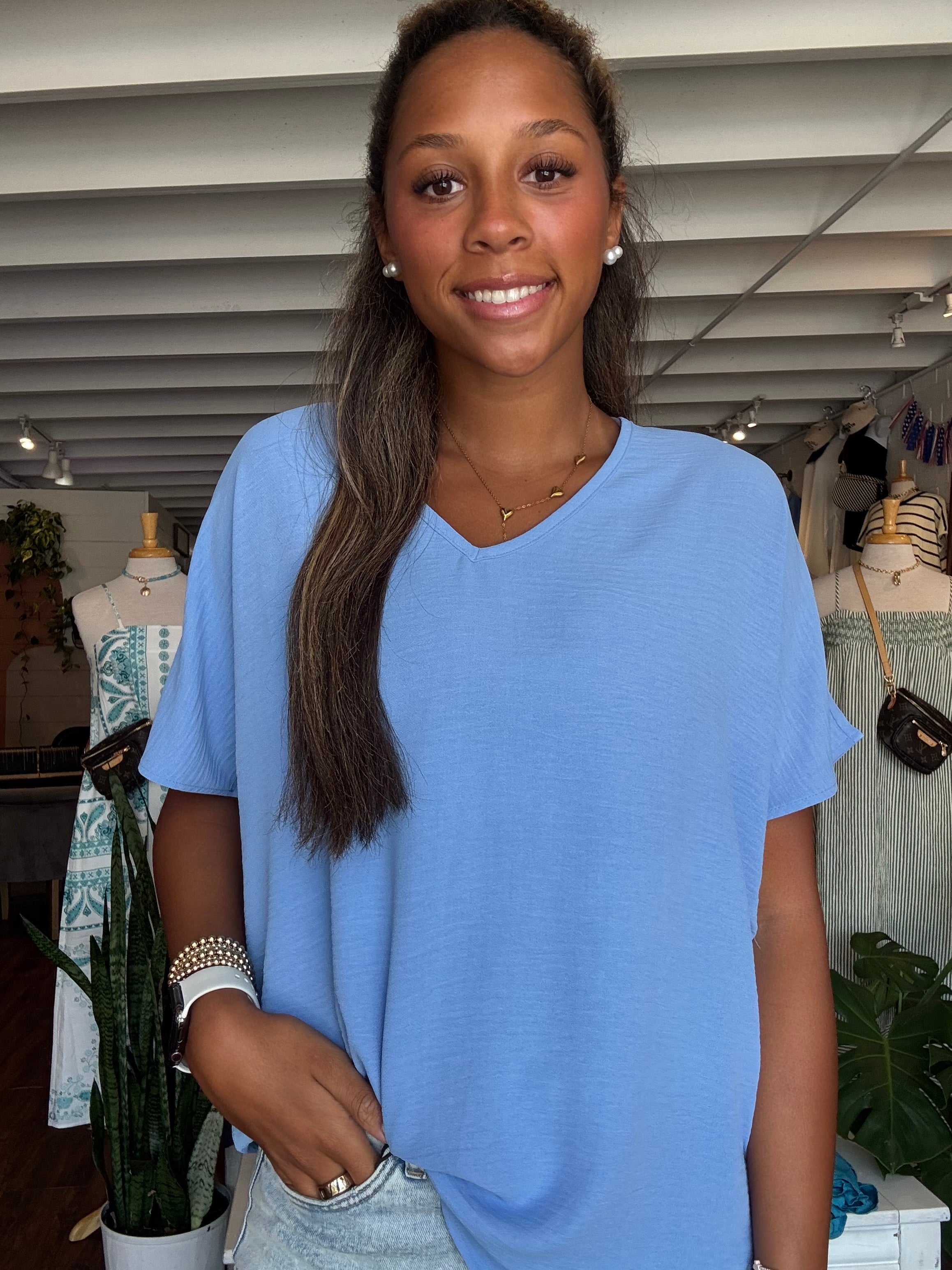 V-neck Short Sleeve Top - Blue