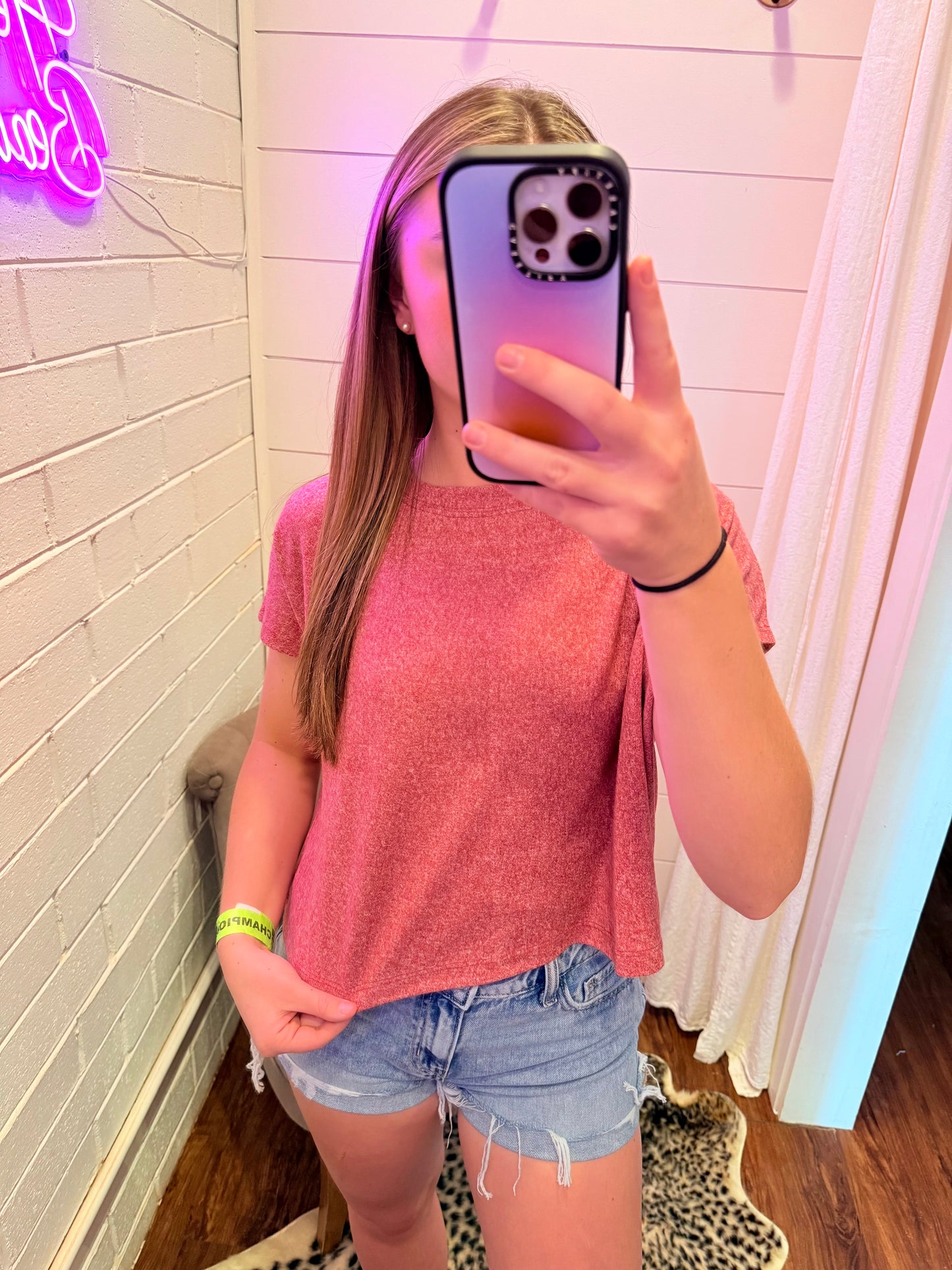 Dark Red Soft Melange Short Sleeve Round Neck Cropped Top