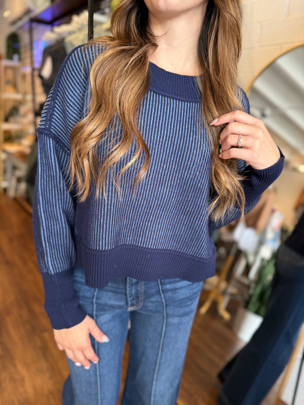 Exposed Seam Two Tone Sweater - Navy