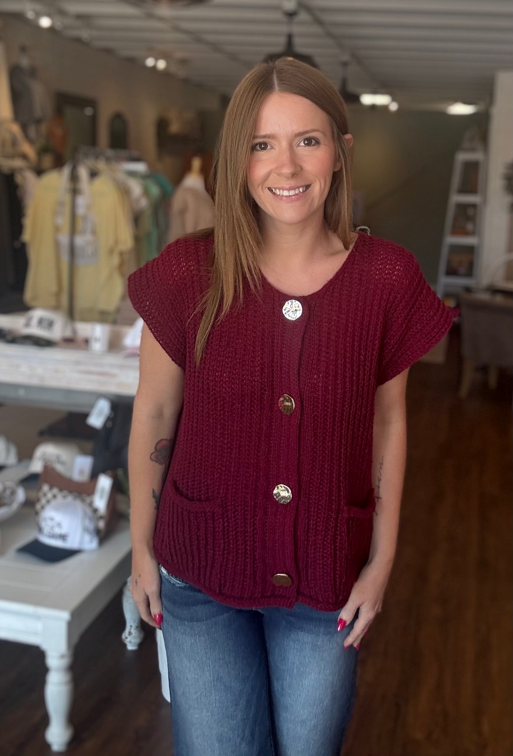 4 Button Sweater Vest Cabernet