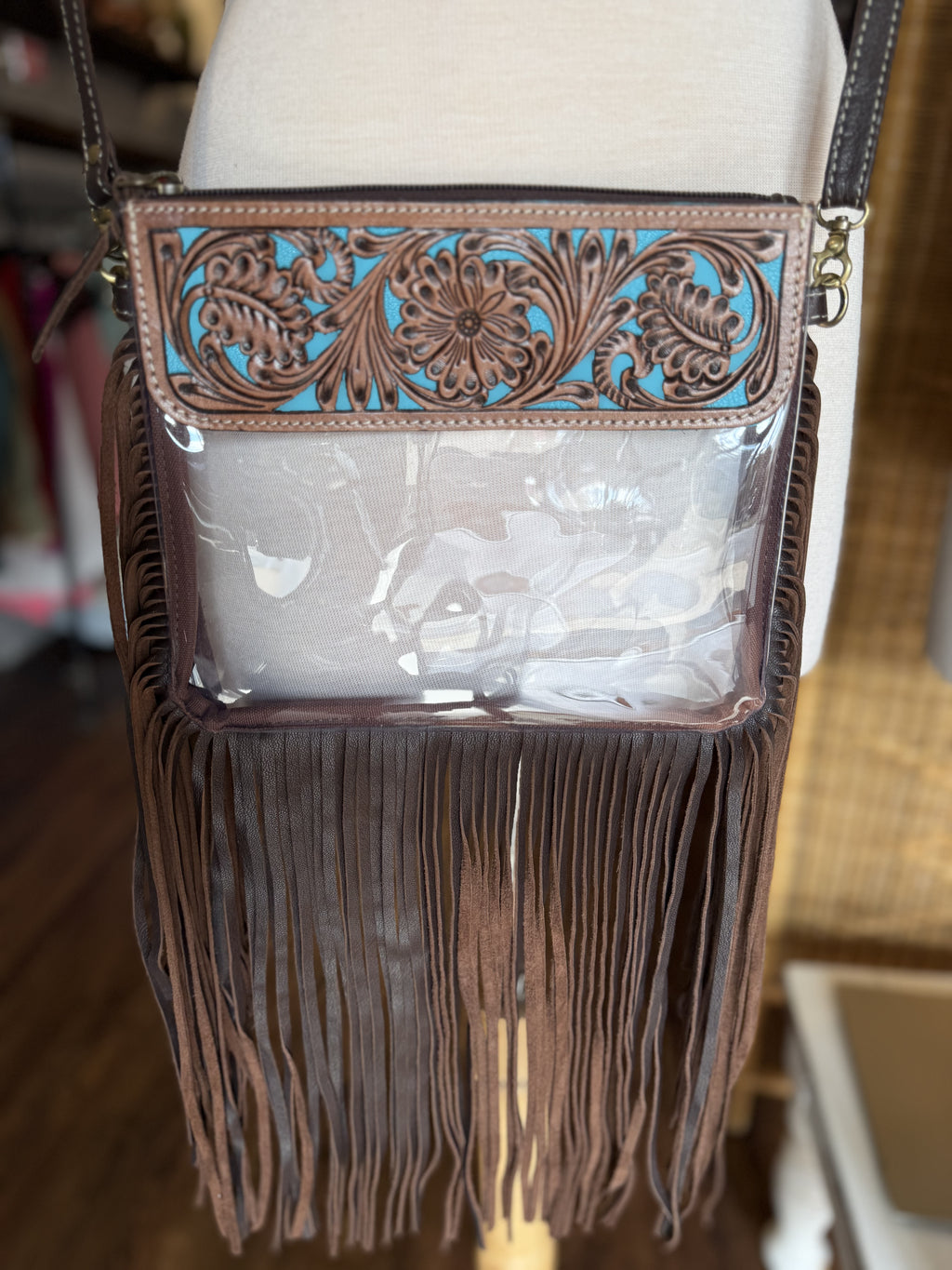 Clear leather stadium crossbody- Teal & Brown