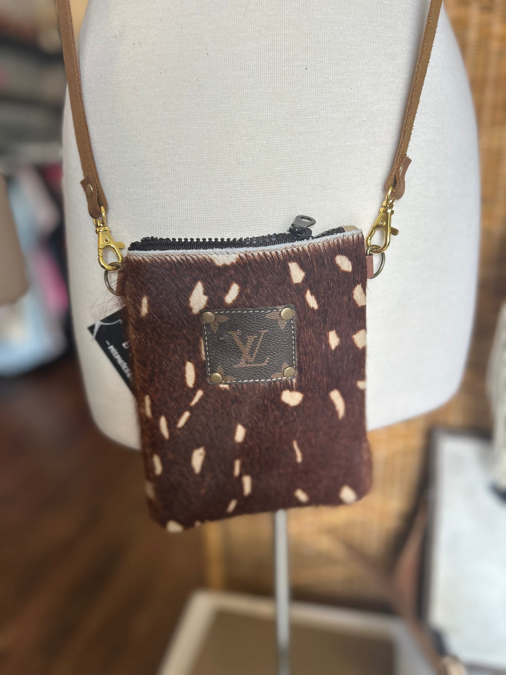 Brown & white cowhide leather crossbody