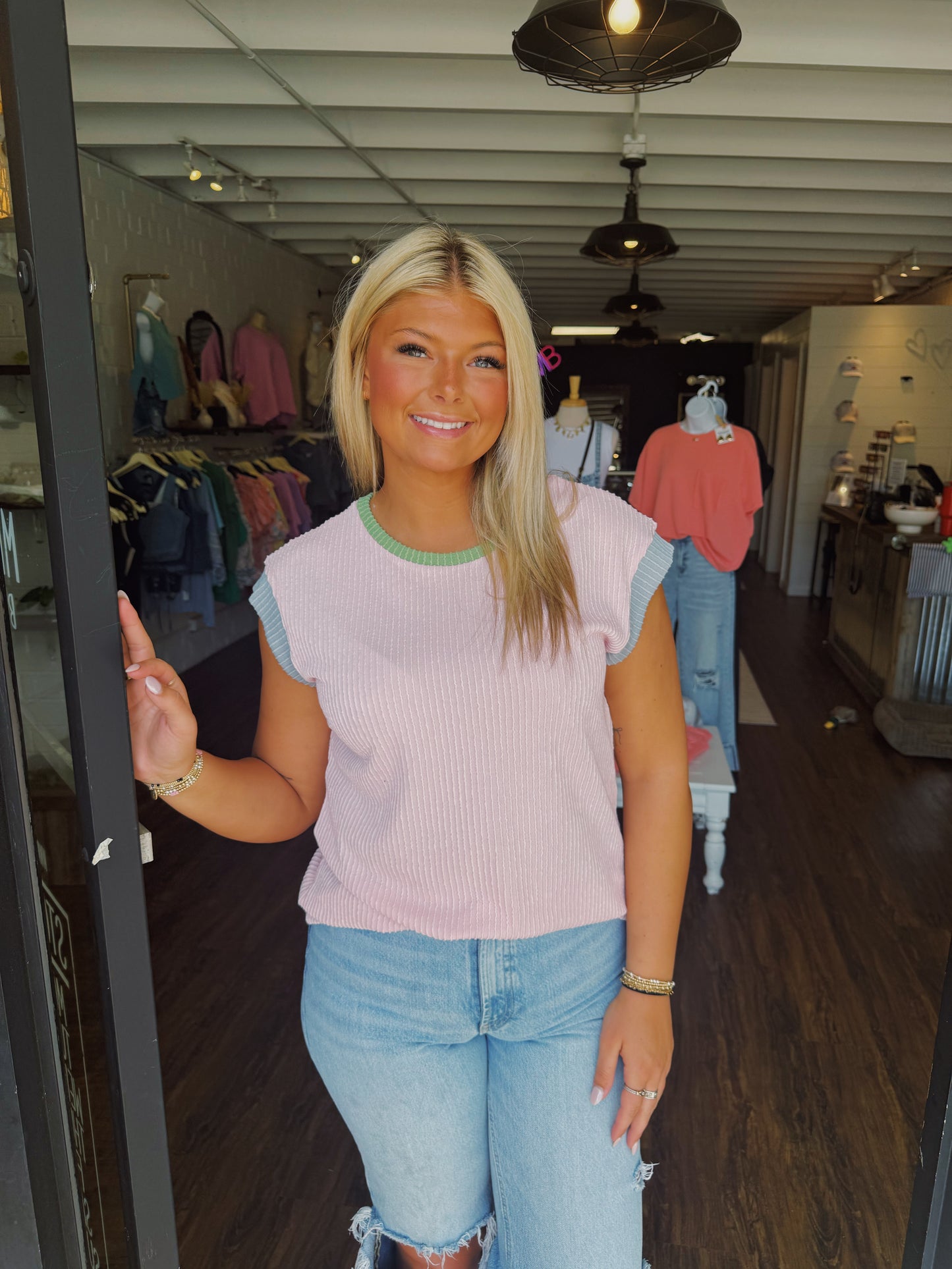 Color Block Corded Knit Crew Neck Tee