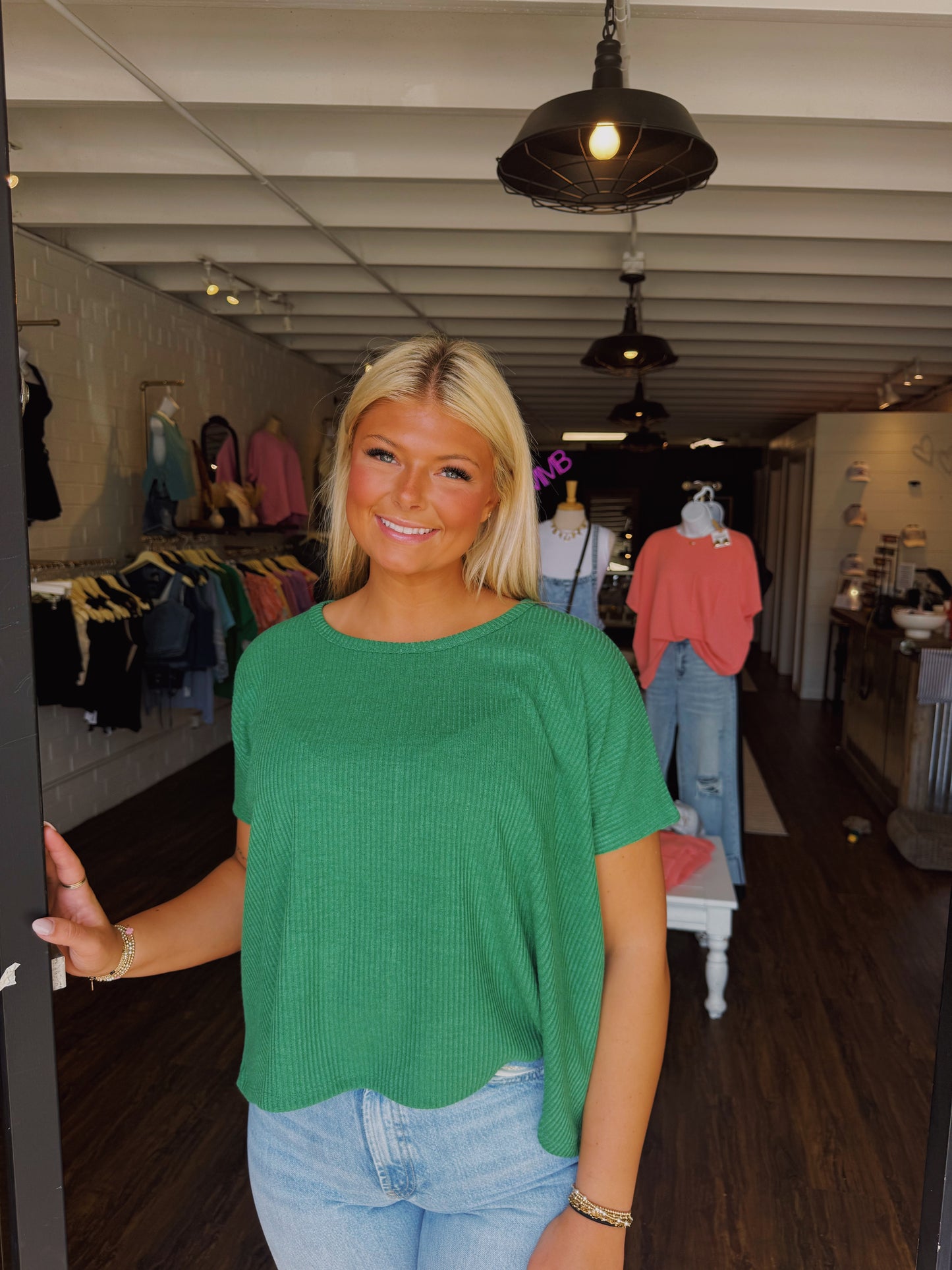 RIBBED ROUND-NECK SHORT-SLEEVE SWEATER - Kelly Green
