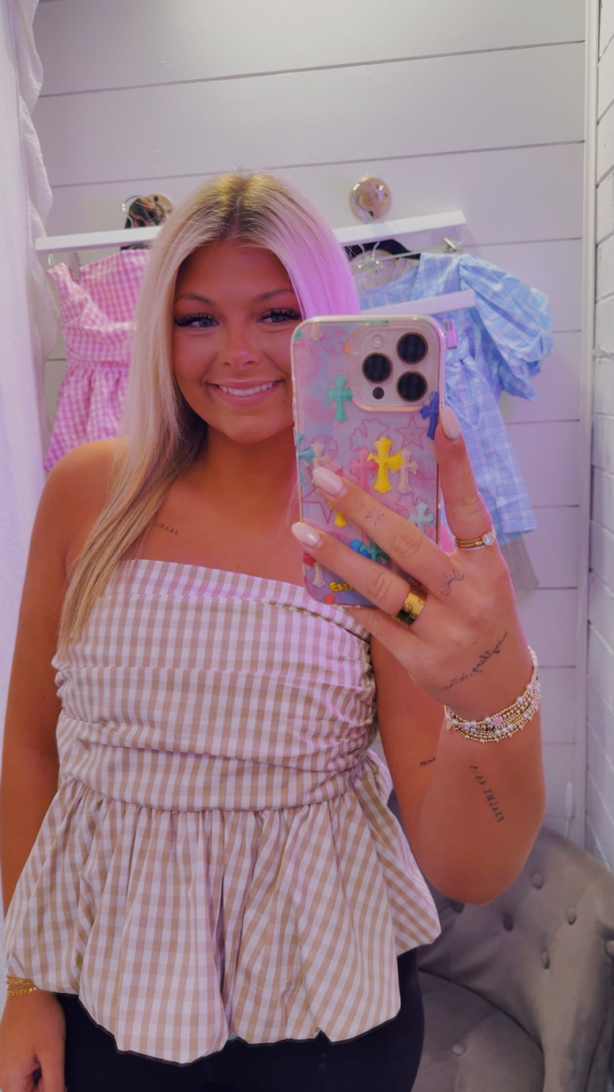 Gingham Bubble Tube Top Beige