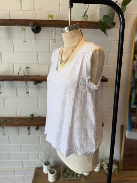 White Double Gauze Raw Edge V-Neck Tank