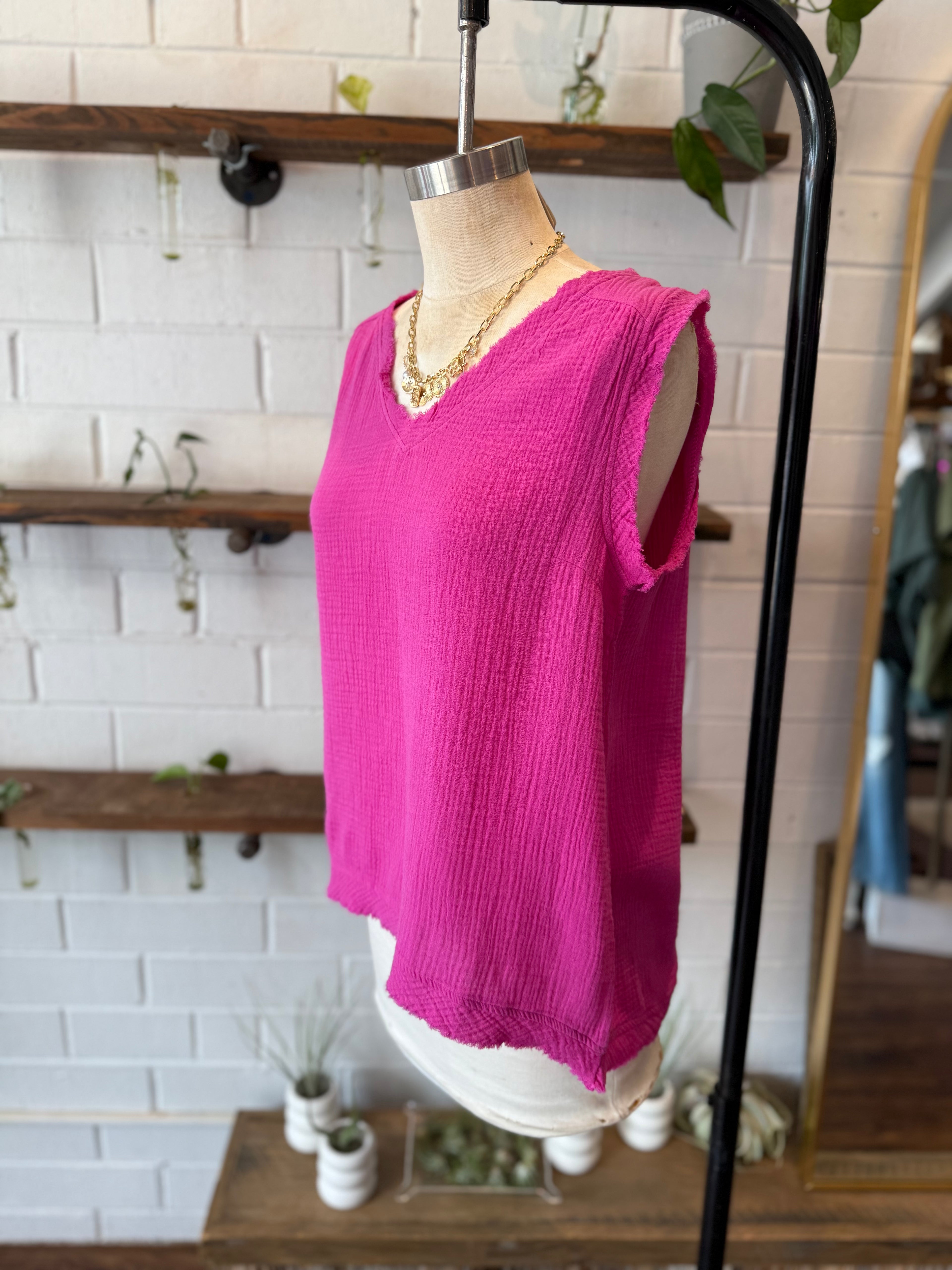 Neon Hot Pink Double Gauze Raw Edge V-Neck Tank