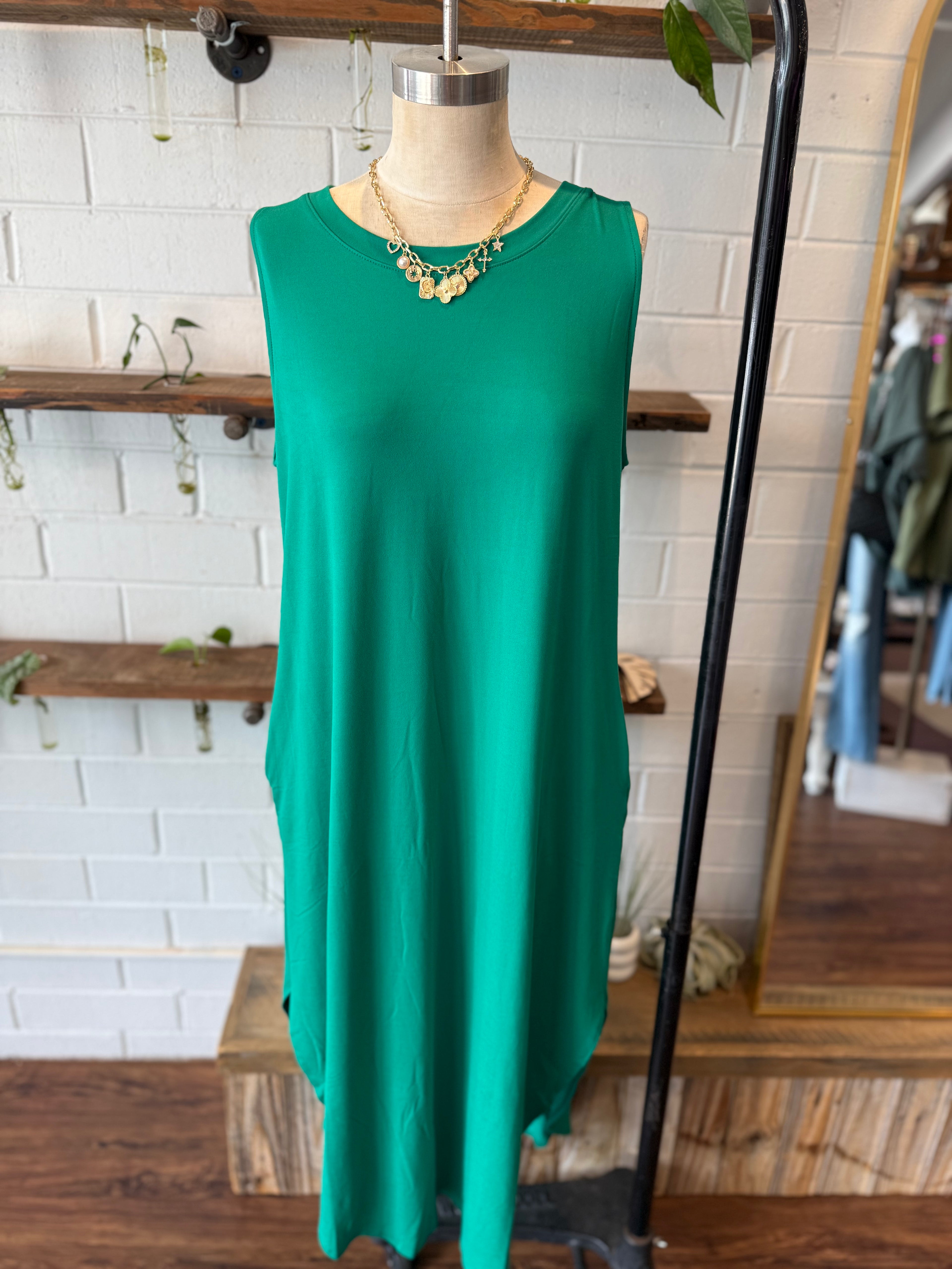 Kelly Green Brushed Side Slit Dress w/Pockets