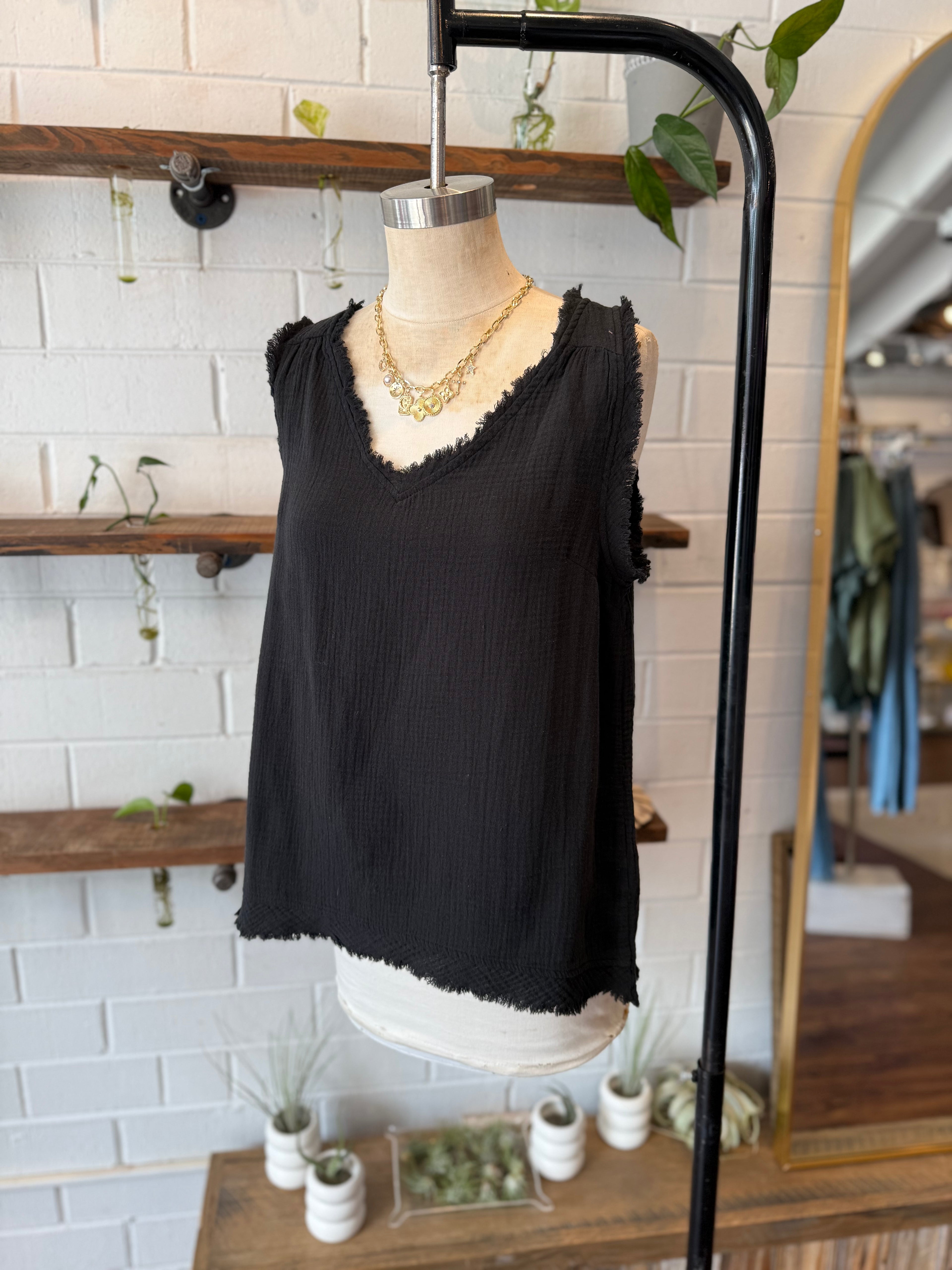 Black Double Gauze Raw Edge V-Neck Tank