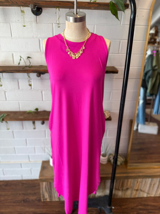 Neon Hot Pink Brushed Side Slit Dress w/Pockets