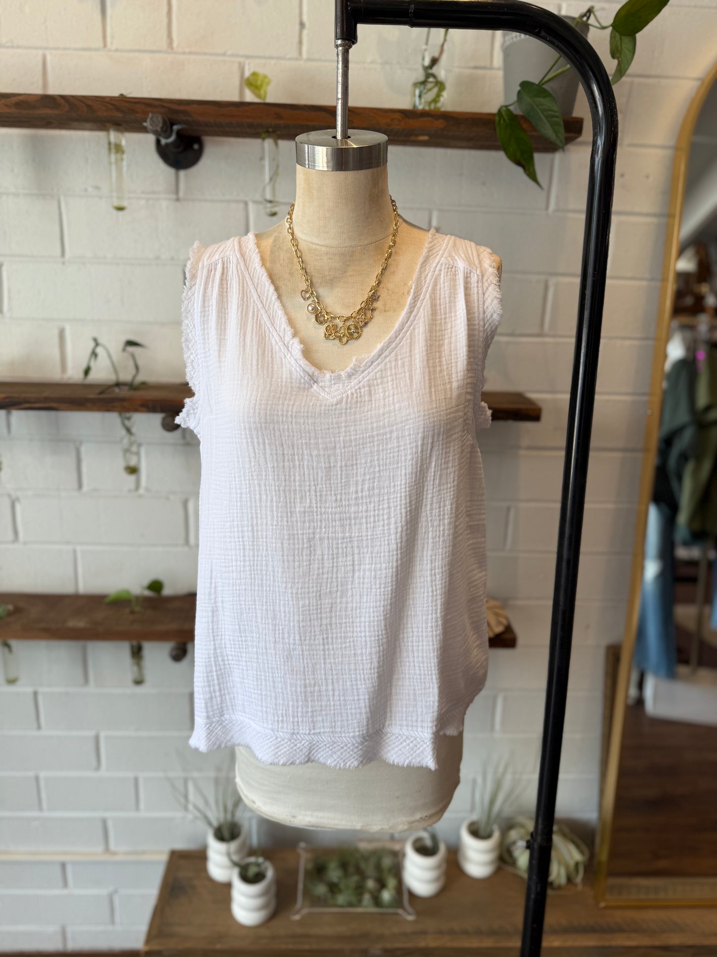 White Double Gauze Raw Edge V-Neck Tank