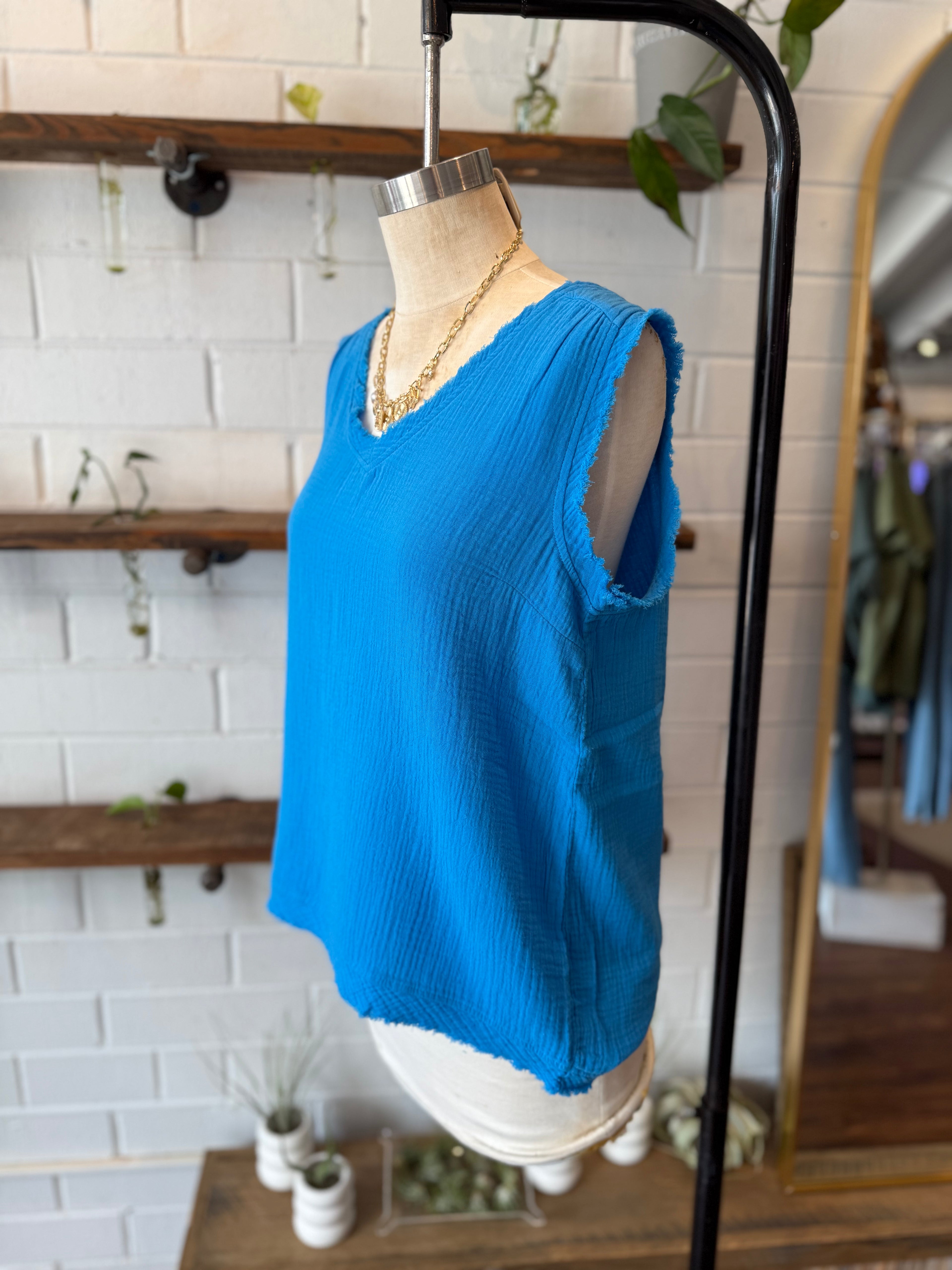 Deep Sky Double Gauze Raw Edge V-Neck Tank