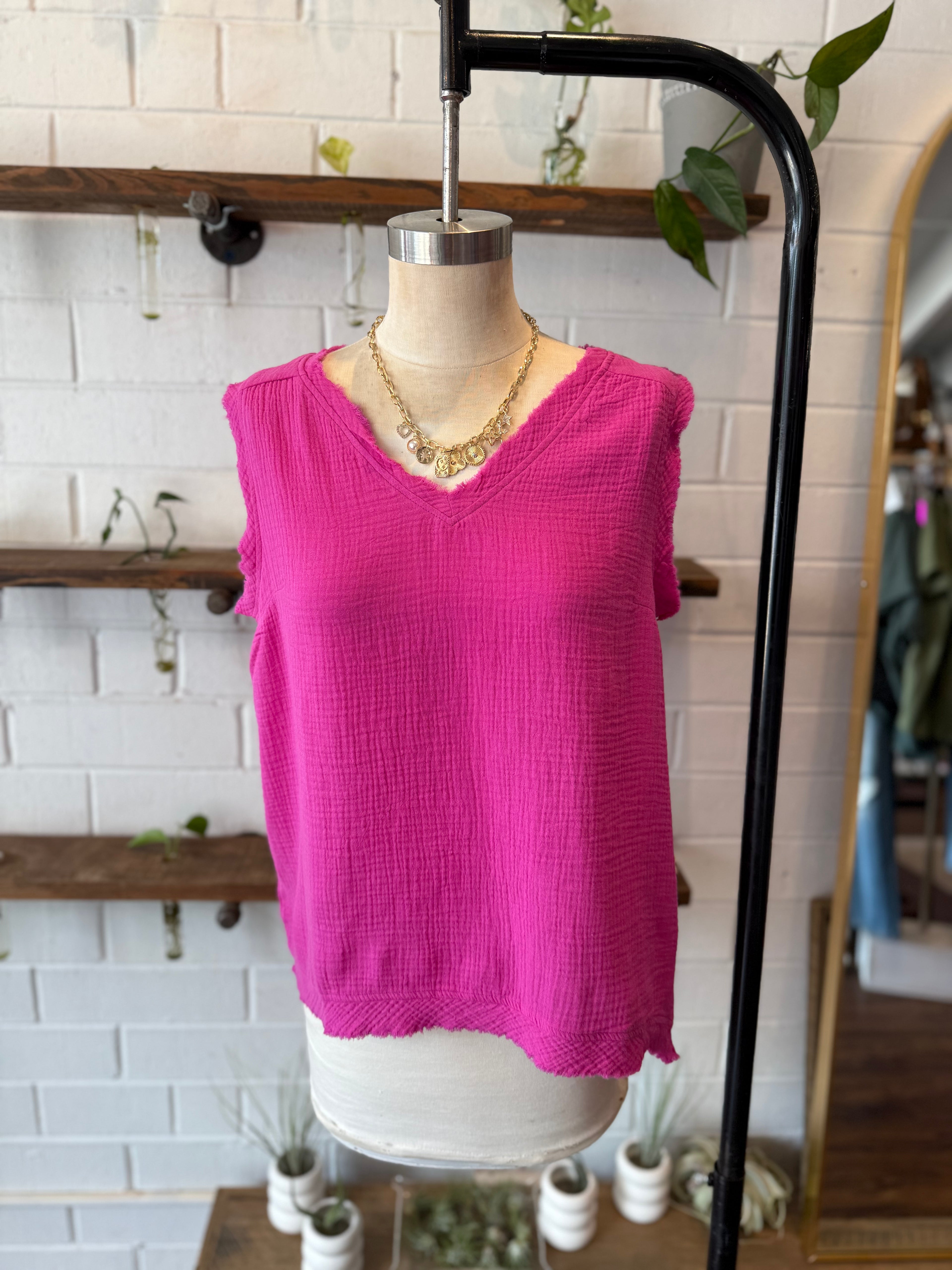 Neon Hot Pink Double Gauze Raw Edge V-Neck Tank