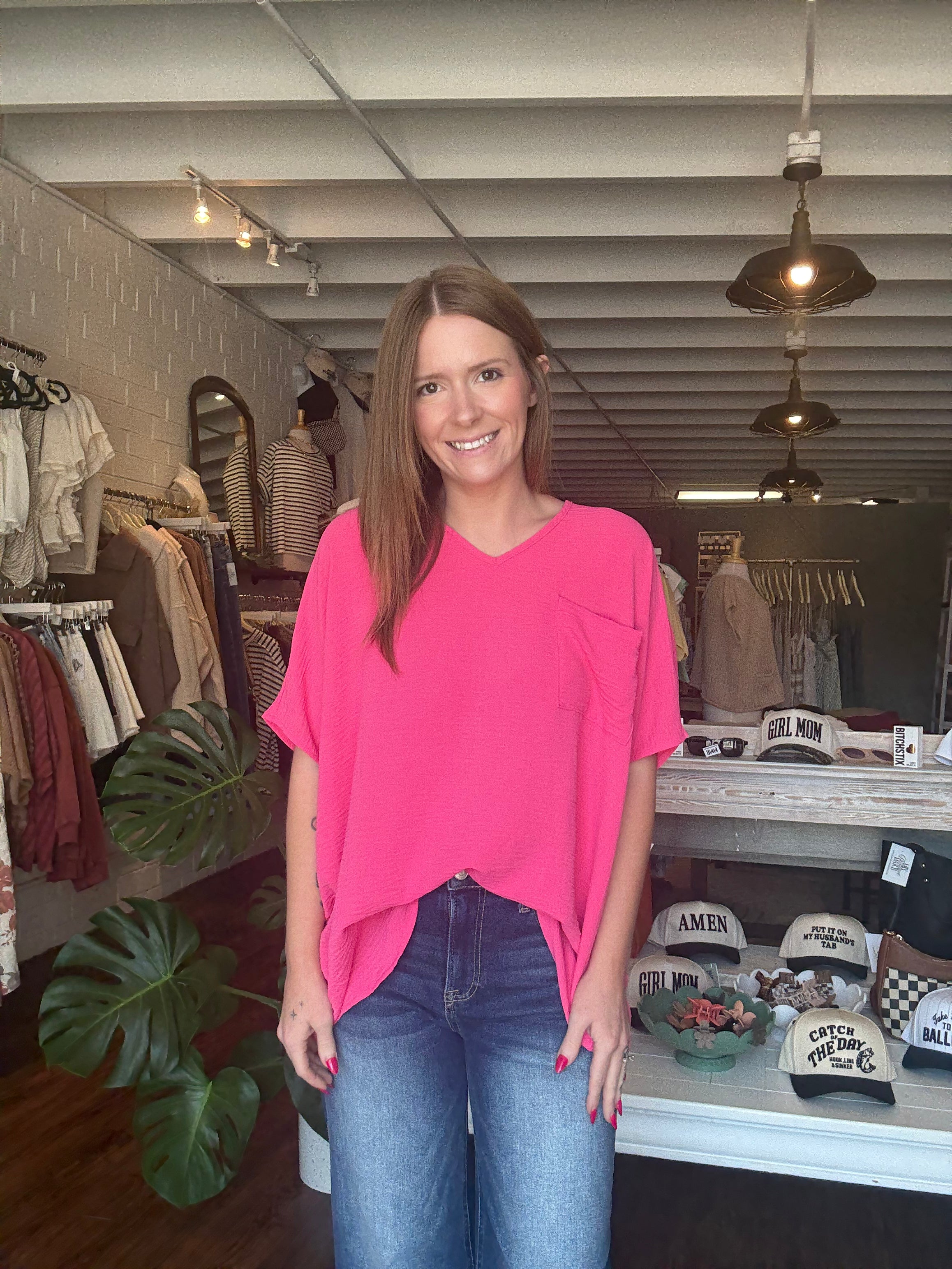 V-neck Dolman Short Sleeve Top - Pink