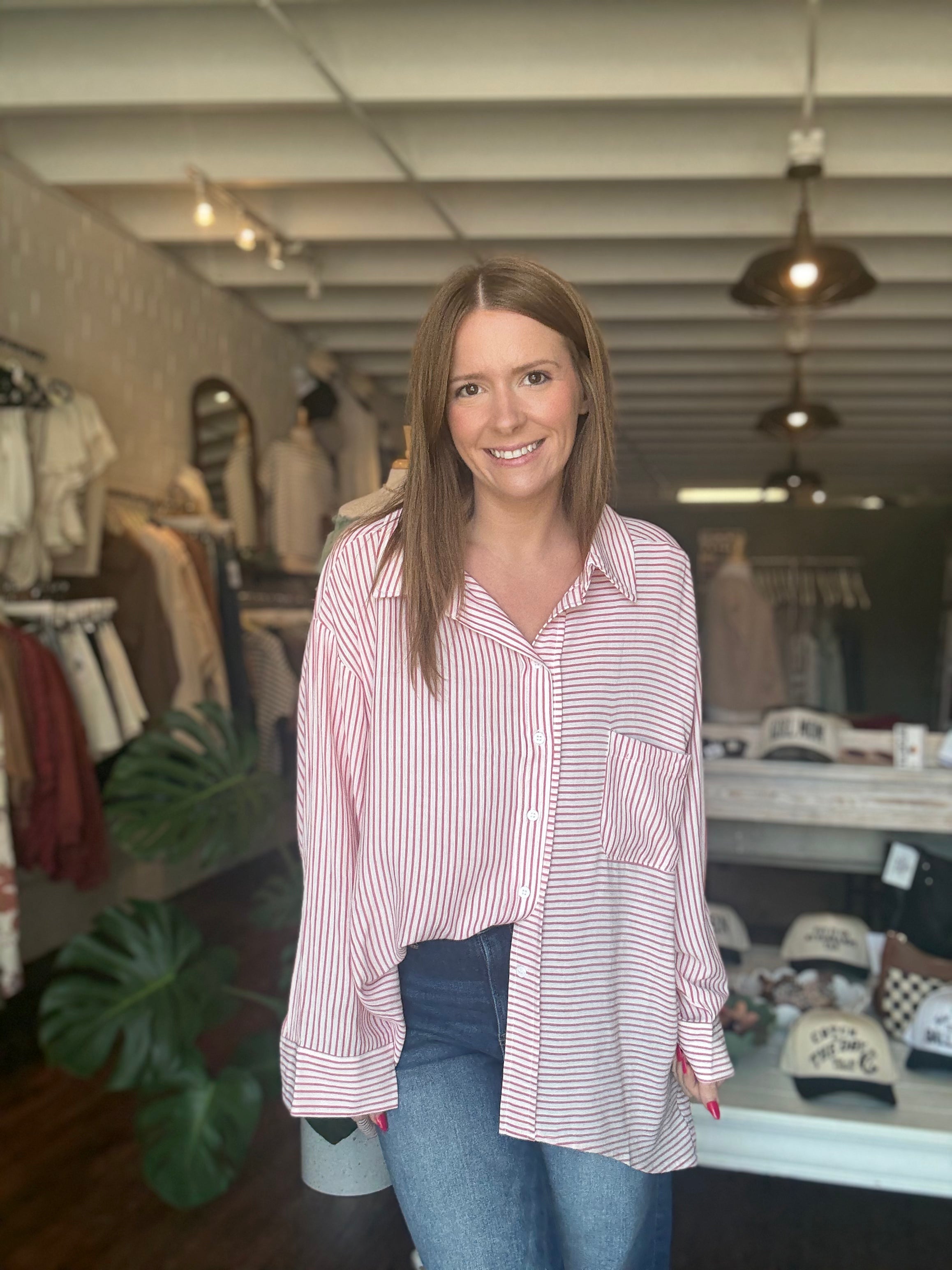 Woven Stripe Button Down Shirts Red