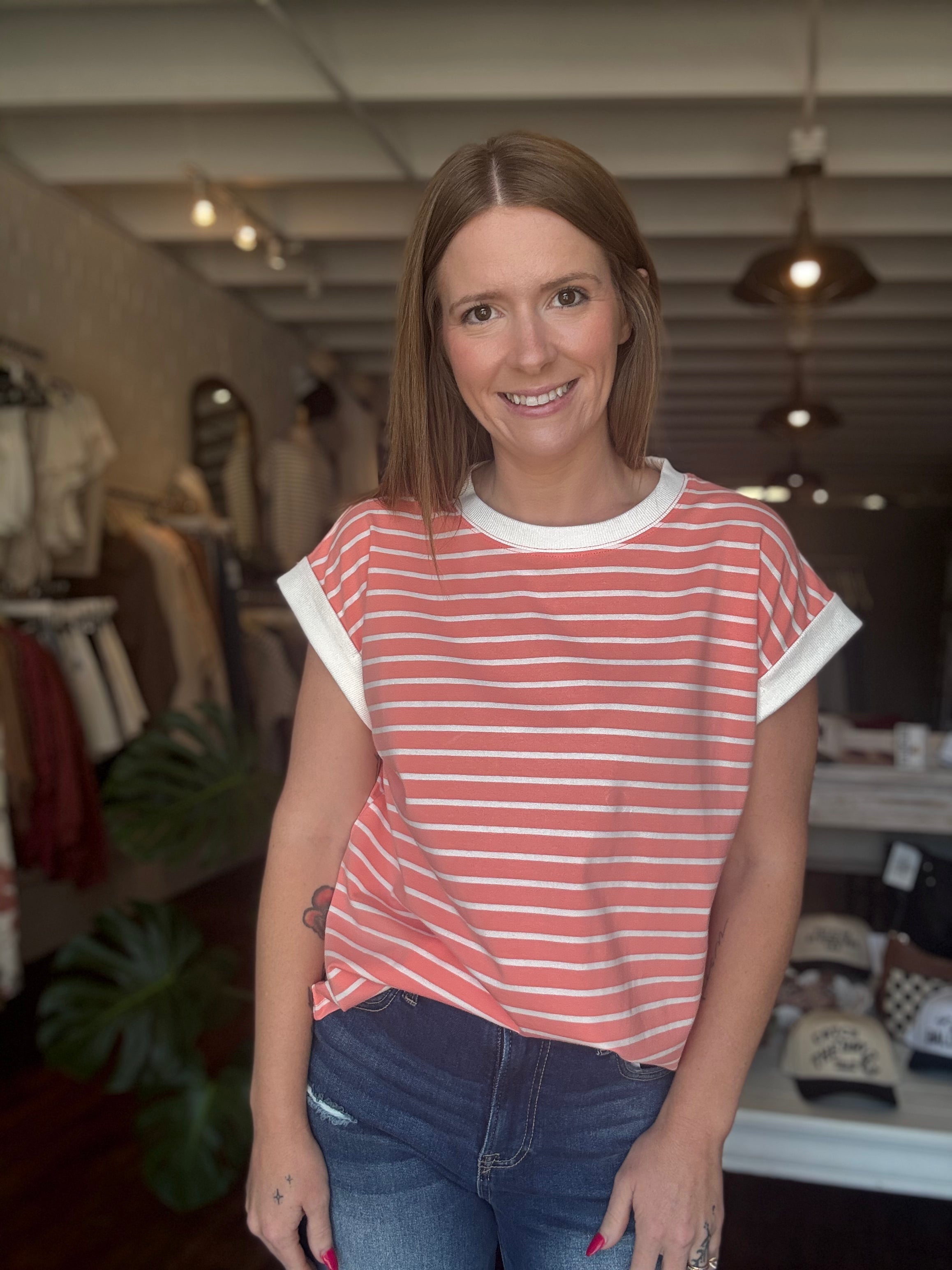 Coral Striped Cap Sleeve Top