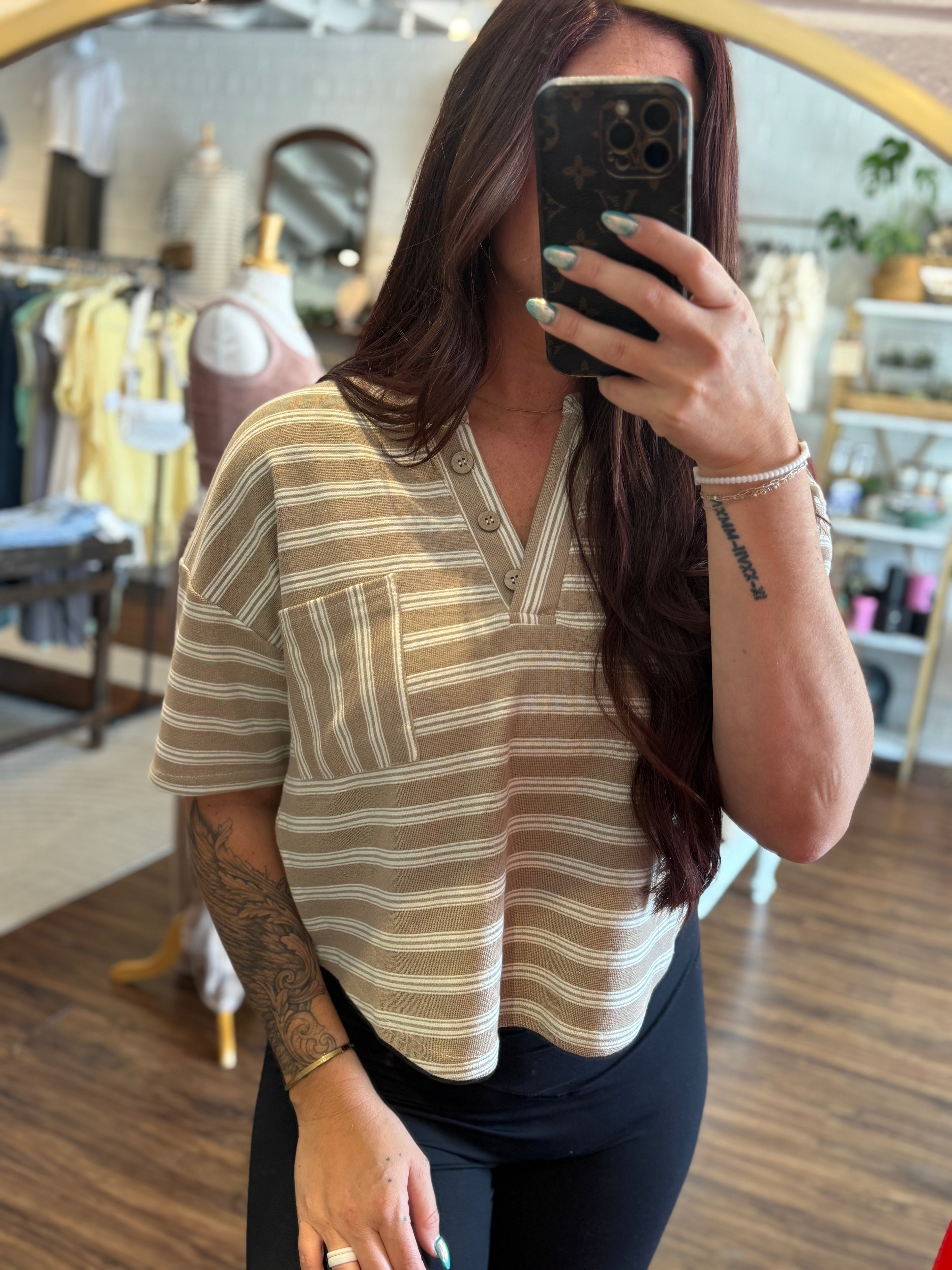 Stripe Short Sleeve Henley Knit Top