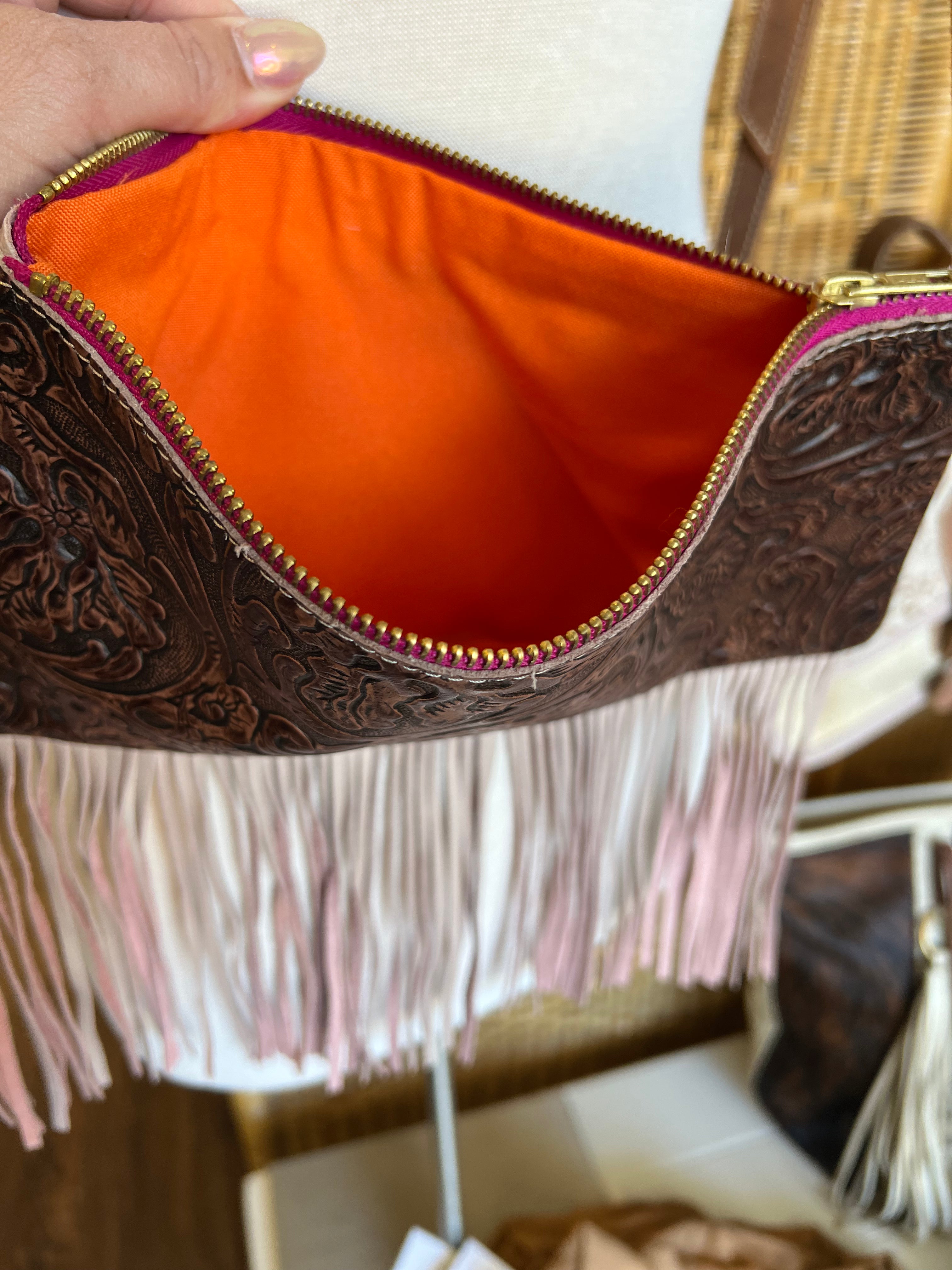 Leather Fringe Brown Etched