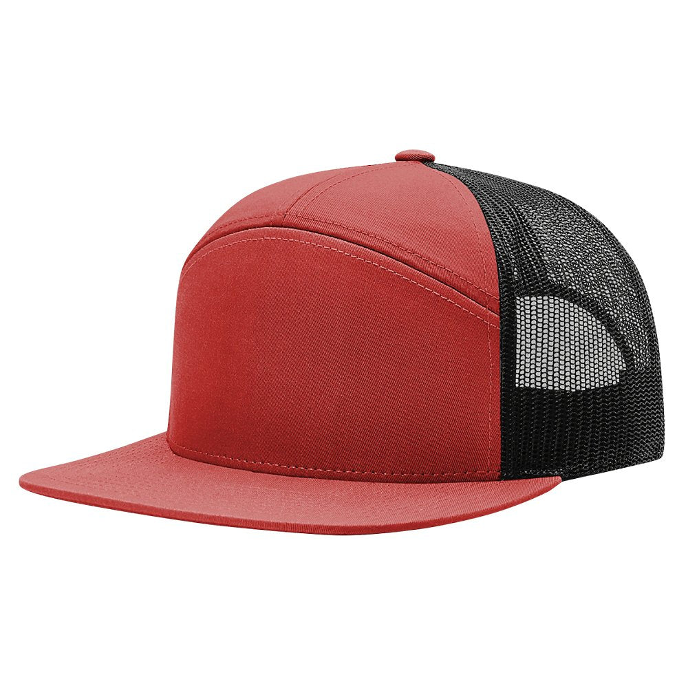 Red Front Black Mesh Back 7 Panel 168 Richardson Flat Bill