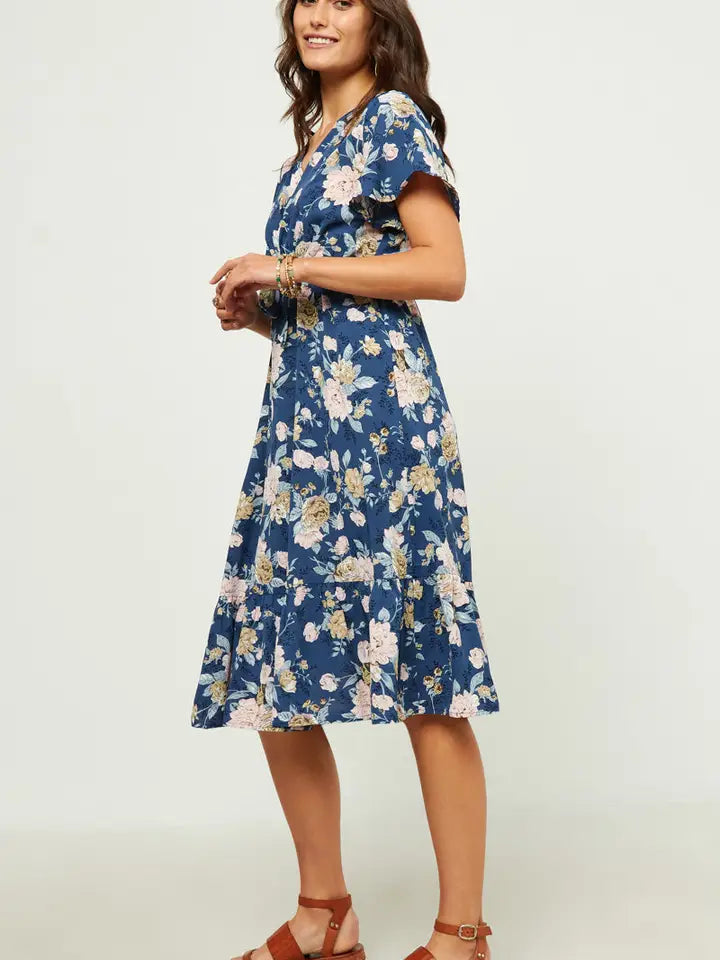 Floral Ruffled V Neck Tie Front Dress