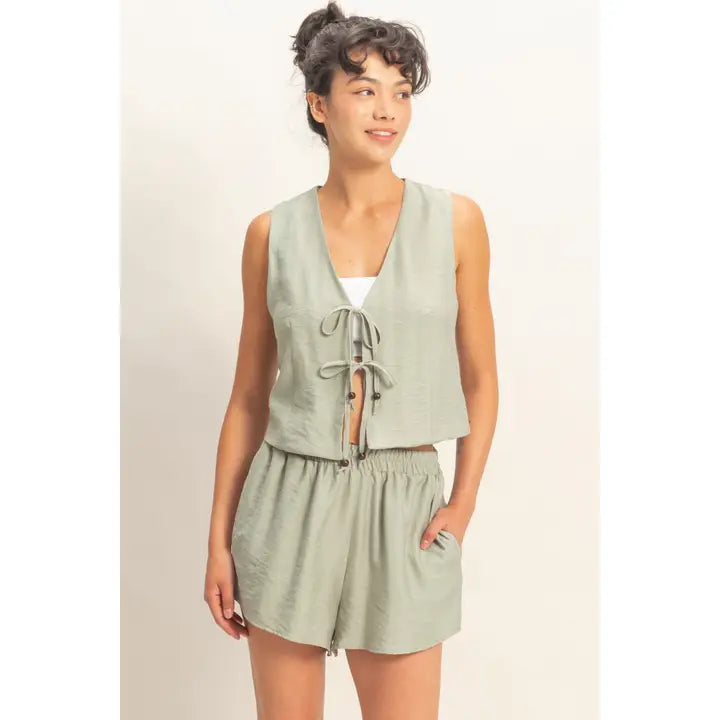 Sleeveless Tie-Front Vest and Elastic Waist Shorts Set