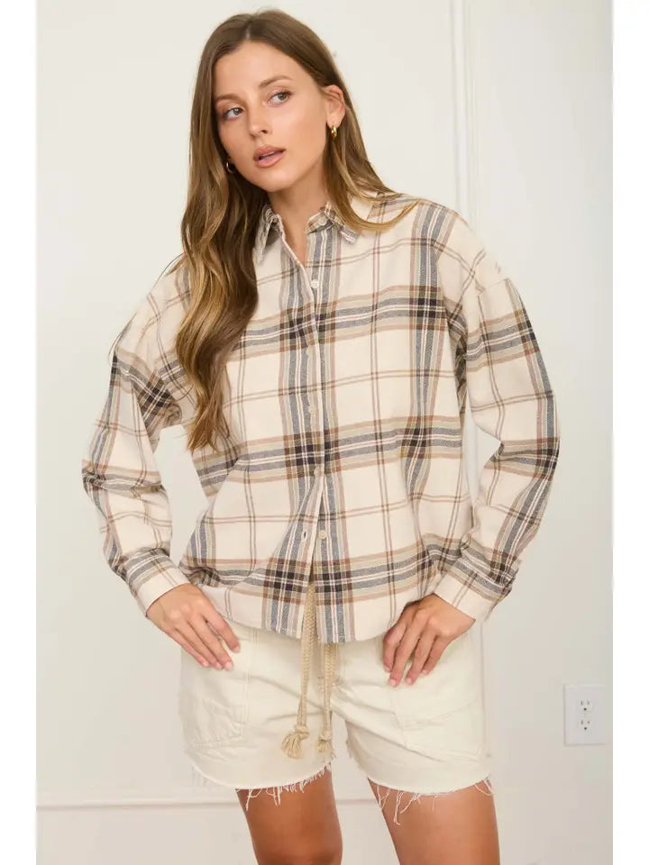 Plaid Boxy Long Sleeve Shirt Ivory