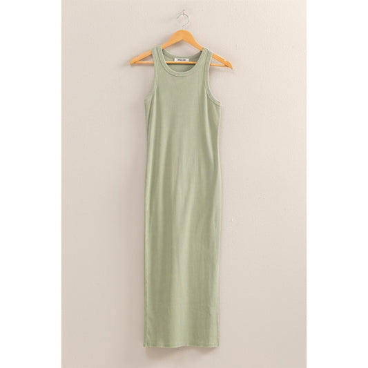 Sage Green Acid Washed Ribbed Midi Tank Dress