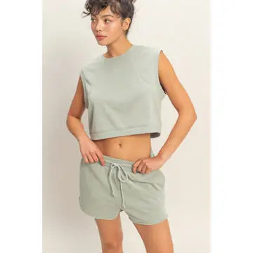 French Terry Sleeveless Short Set -Sage green