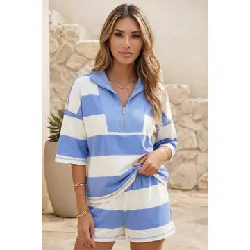 Half Zip Oversize Tee & Short Set - Blue/White