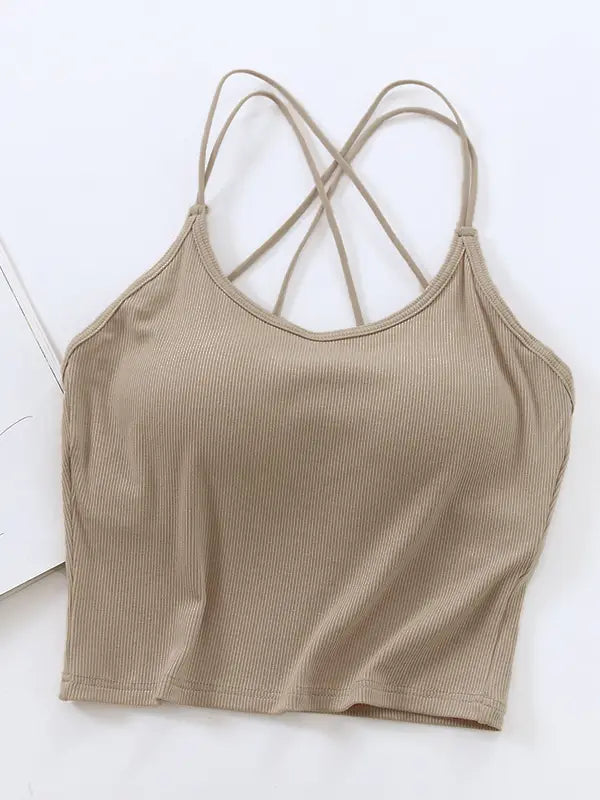 Beige Cross Strap Built in Bra Tank Top