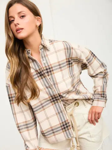 Plaid Boxy Long Sleeve Shirt Ivory