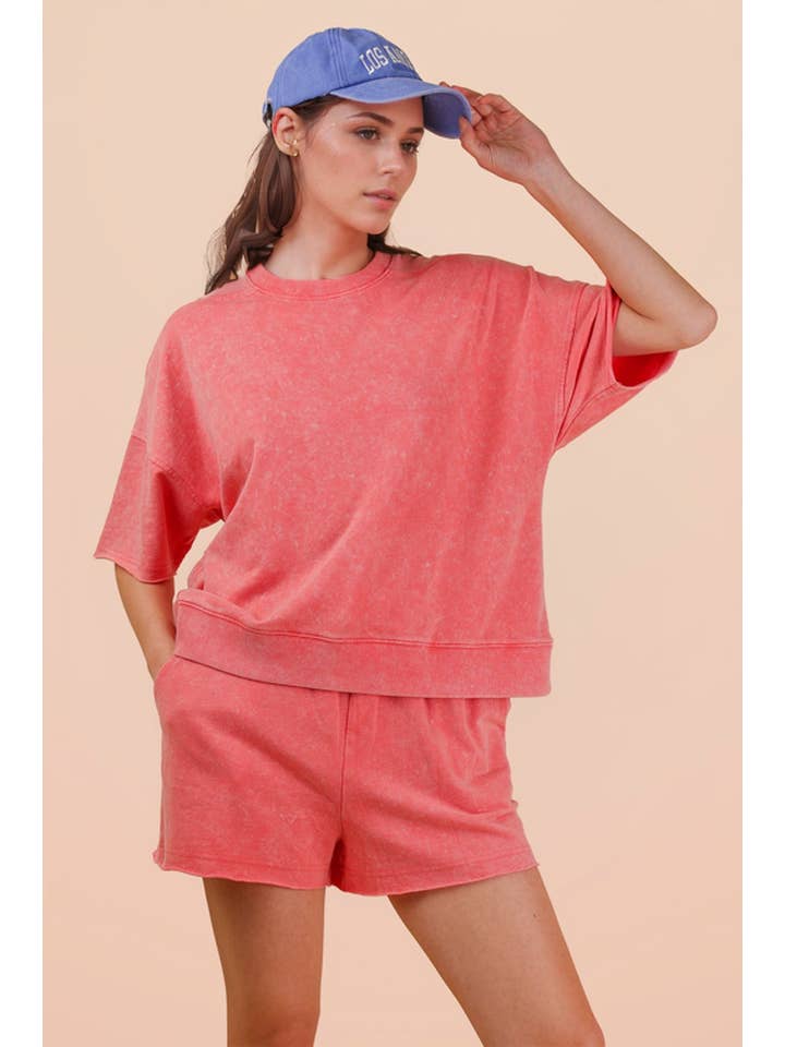 Mineral Washed Knit Casual Set - Coral