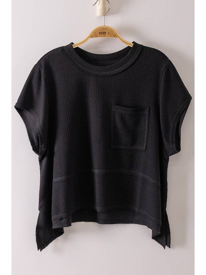 Flared Hem Waffle Knit Top Black