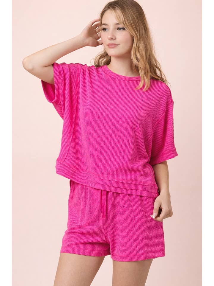Ribbed Knit Top & Shorts Set - Pink