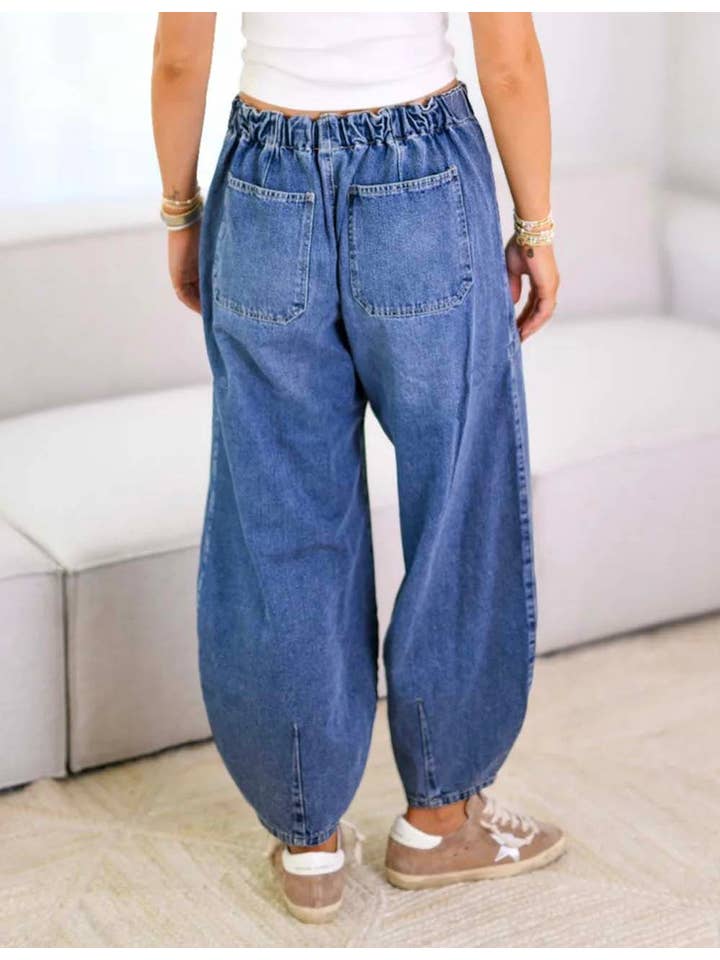 Elastic Waist String Tie Pocket Denim Pants - Dark Blue