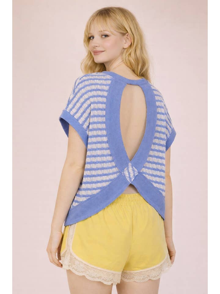 Open Back Striped Textured Knit Top - Blue