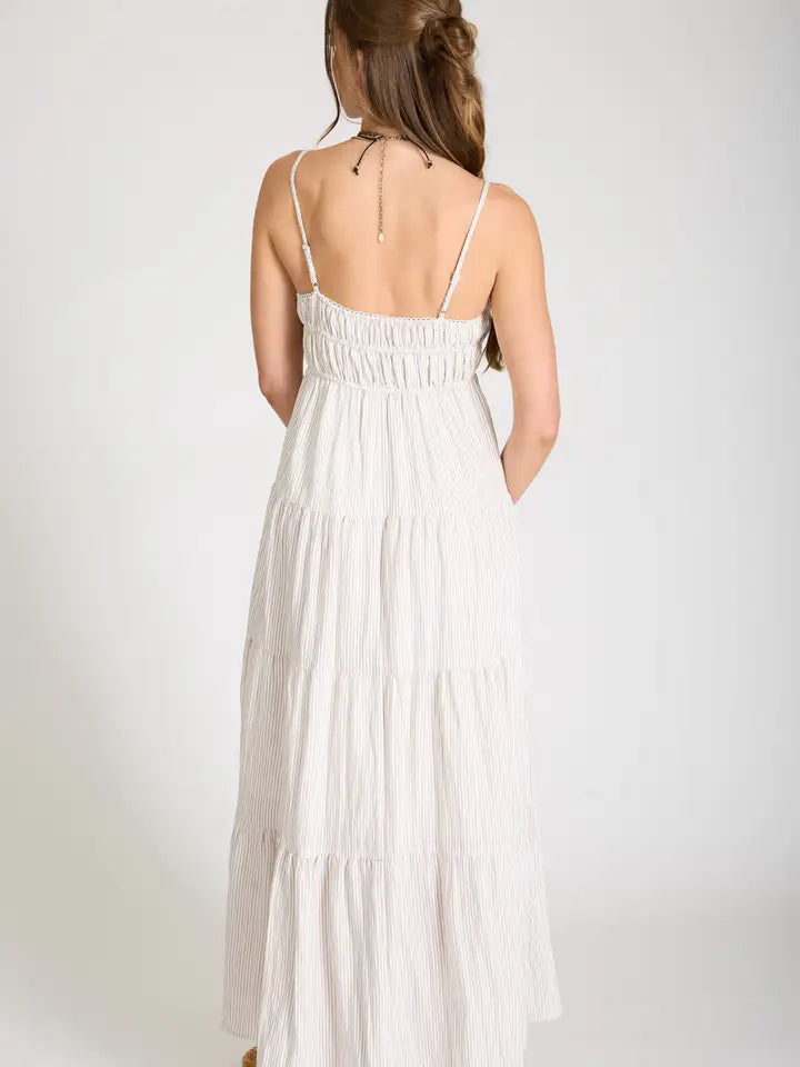 Stripe Shirred Empire Waist Tiered Midi Dress