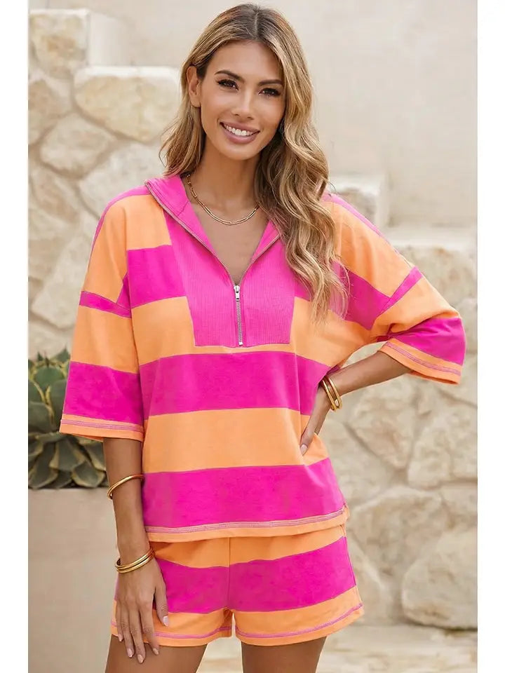 Half Zip Oversize Tee & Short Set - Orange / Pink