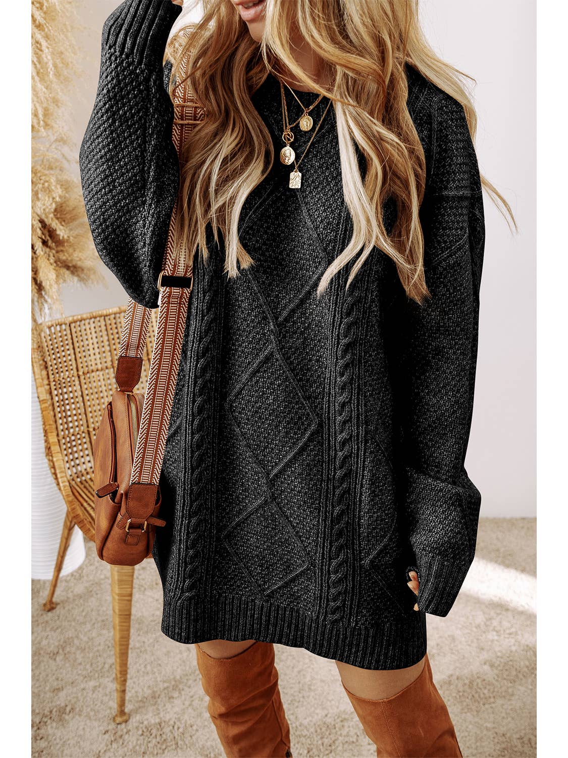 Black Knit Drop Shoulder Loose Fit Sweater