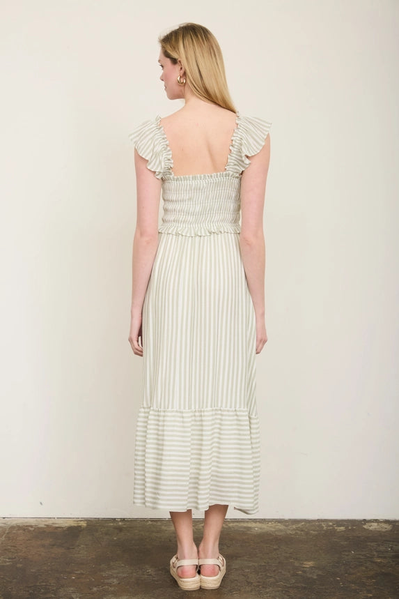 Stripe Smocked Ruffle Trim Midi Dress