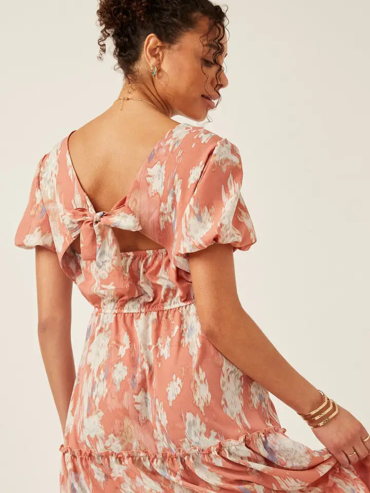 Abstract Print Cutout Back Puff Sleeve Dress