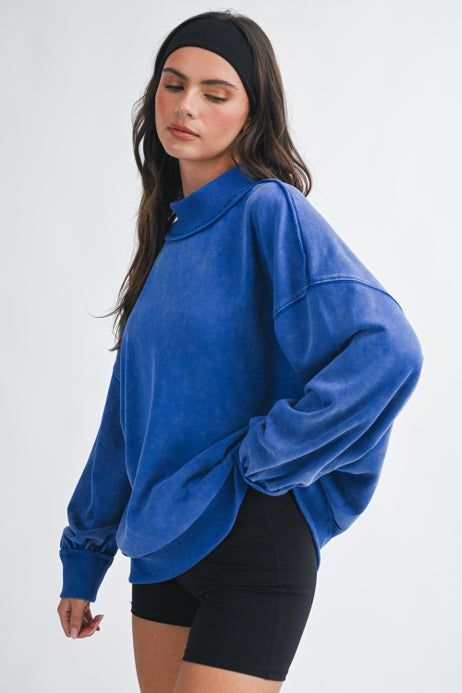Oversized Mock Neck Washed Sweatshirt - Cobalt ETA 8/1