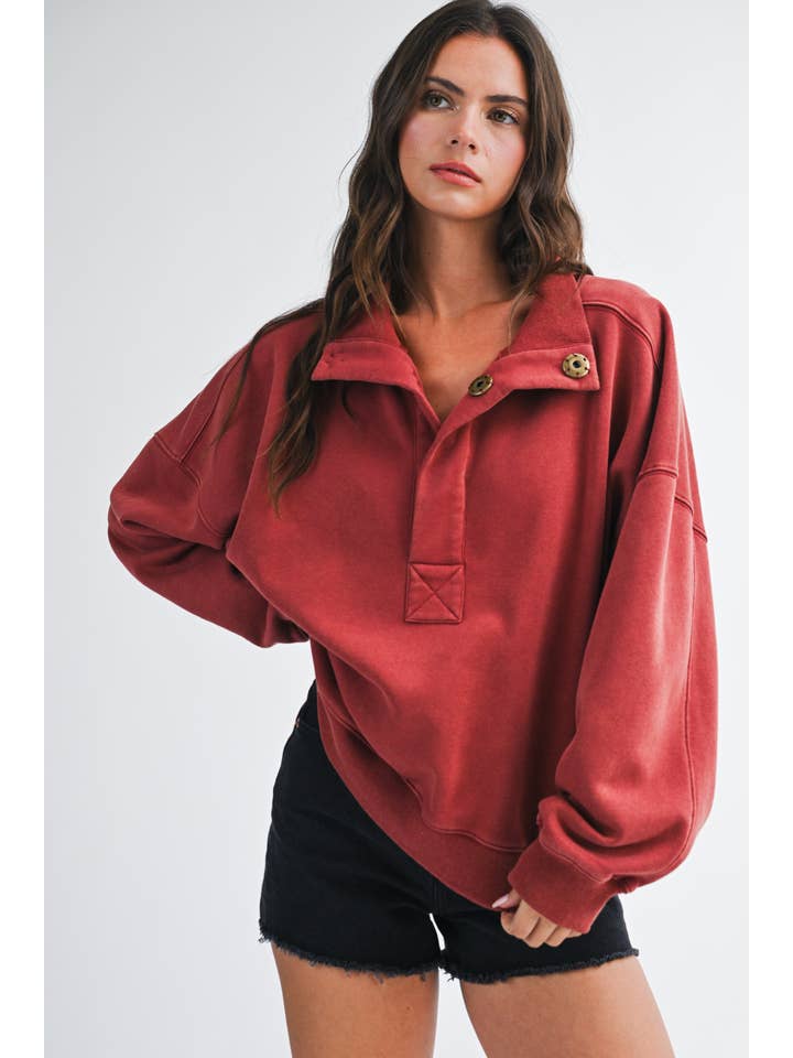 Oversized Snap Neck Pullover Sweatshirt - Mulberry ETA 8/1