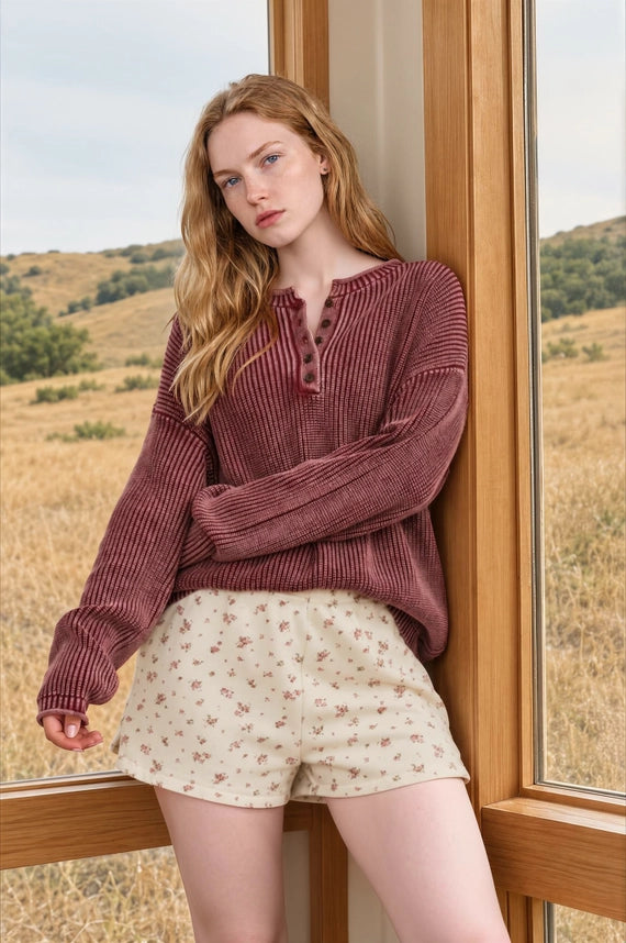 Washed Knit Sweater - Burgundy