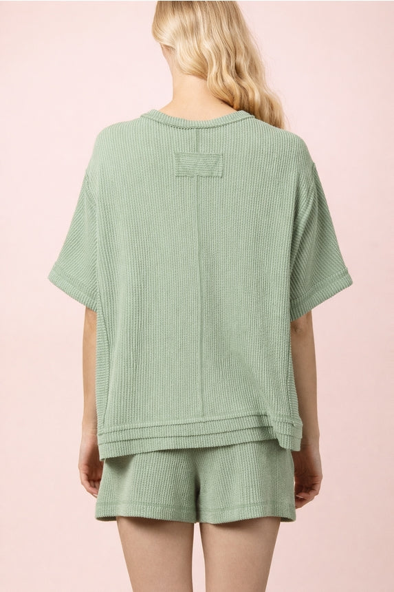 Ribbed Knit Top & Shorts Set - Sage