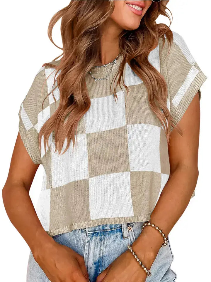 Plaid Colorblocked Skeleton Knit Vest