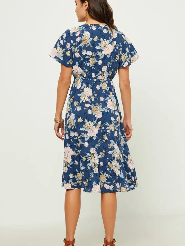 Floral Ruffled V Neck Tie Front Dress