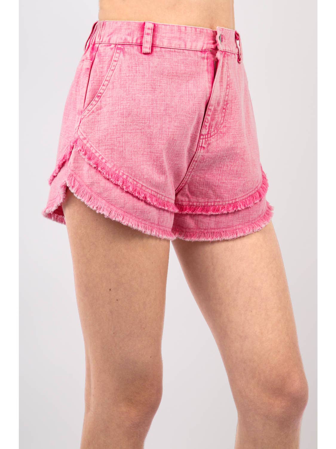 Frayed Washed Denim Shorts -Pink